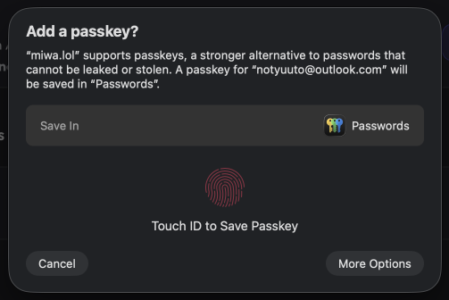 Apple Passwords asking to save a passkey
